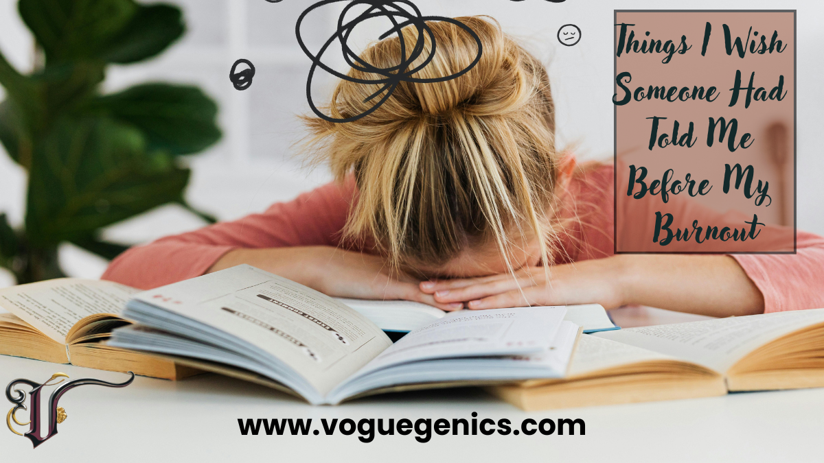 Overwhelmed woman with head on open books, scribbled burnout doodles overhead, representing exhaustion and emotional fatigue