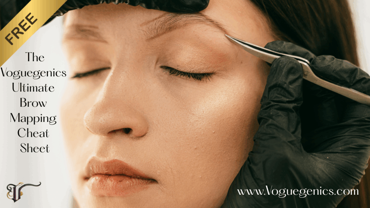 Close-up of a woman having her eyebrow shaped with tweezers while wearing soft wedding-ready makeup; gold ribbon with "FREE" label.