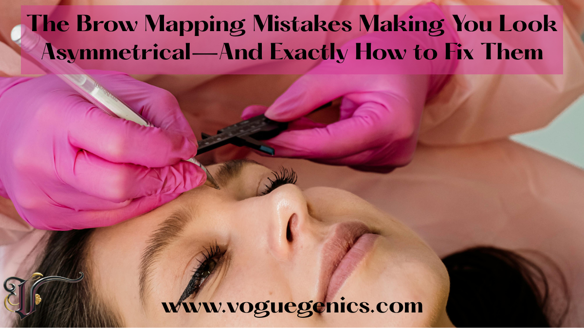Beauty technician mapping a woman’s eyebrows using a ruler tool, highlighting techniques to correct facial asymmetry.
