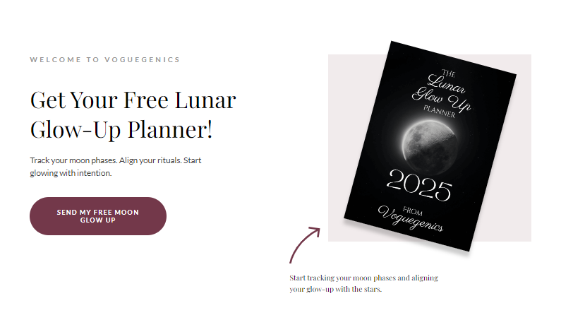 Cover of the 2025 Lunar Glow-Up Planner from Voguegenics with moon illustration and download button.