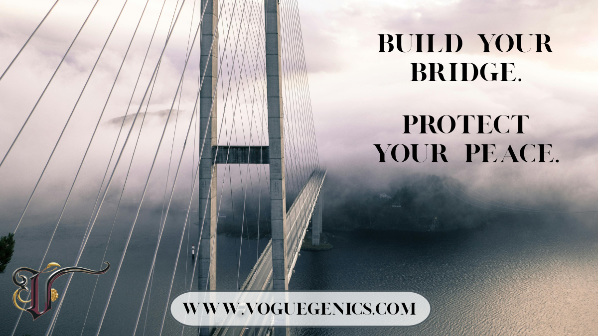 Suspension bridge rising into clouds with text 'Build Your Bridge. Protect Your Peace.' symbolizing emotional empowerment and personal growth.