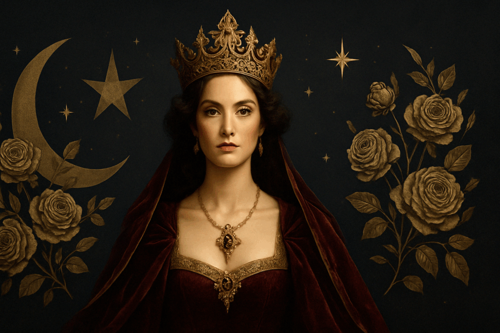 A vintage gothic glam hero image in baroque style, featuring ornate gold accents and deep burgundy tones. Perfectly suited for Voguegenics' shop page, it evokes royal elegance with a dark, empowering edge.