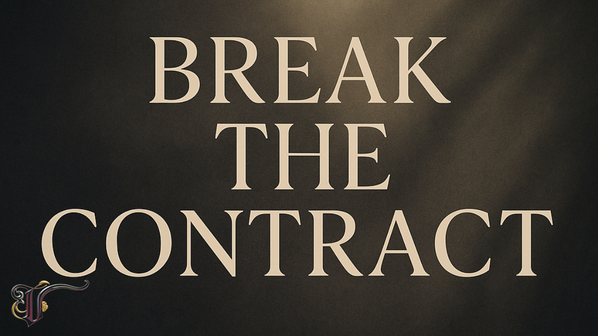 Centered Text That Reads break the Contract with Background Shadows Suggesting Emotional Tension and Release Symbolic of Ending Inherited Trauma