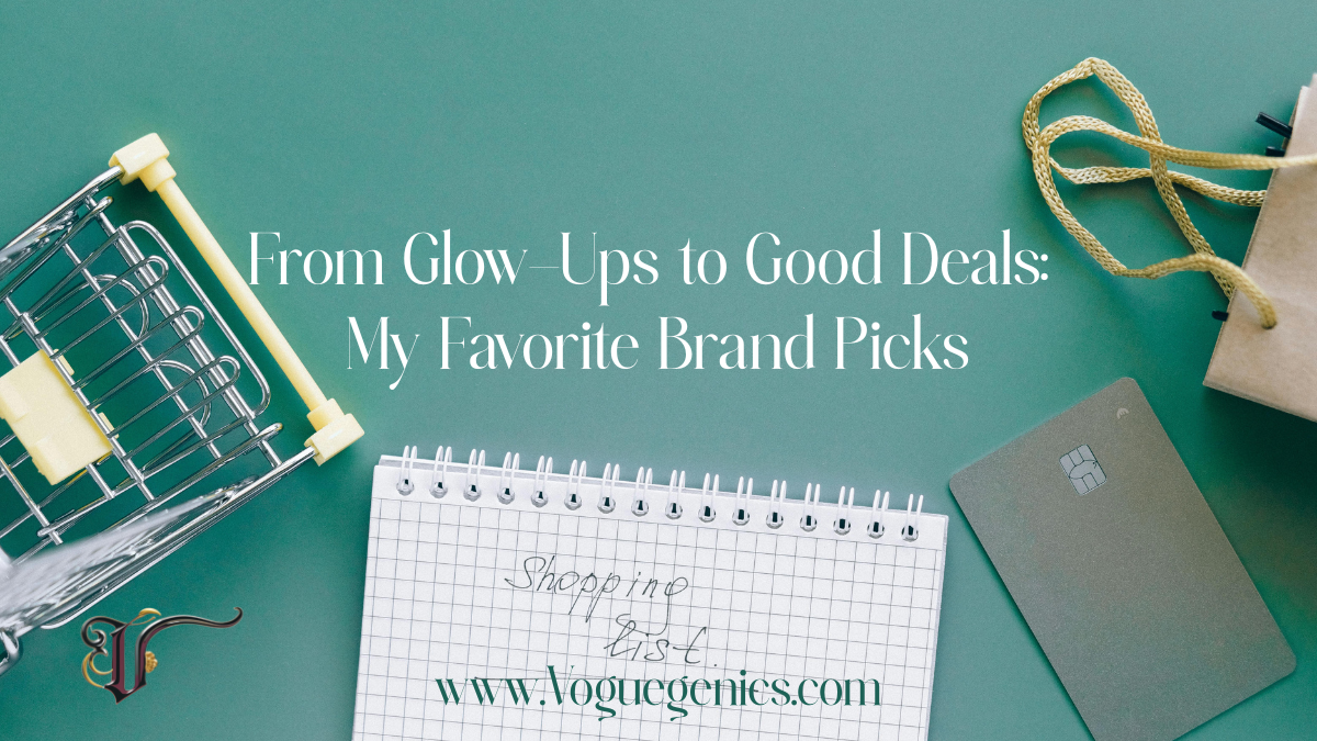 Shopping flat lay with cart, credit card, and notebook promoting Voguegenics favorite brand picks and deals