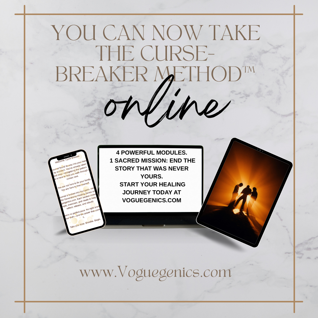 Promotional Graphic Featuring Text you Can Now Take the Curse breaker Method™ Online with Digital Devices Showcasing Healing themed Imagery and Text Marble Background with Refined Gold Accents Reinforces the Premium Sacred Tone of the Voguegenics Brand