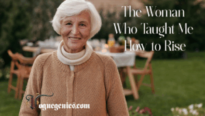 Smiling elderly woman in a cozy tan sweater standing in front of an outdoor dinner table, representing wisdom and quiet strength.