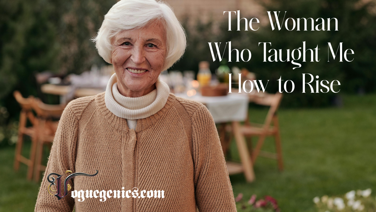 Smiling elderly woman in a cozy tan sweater standing in front of an outdoor dinner table, representing wisdom and quiet strength.