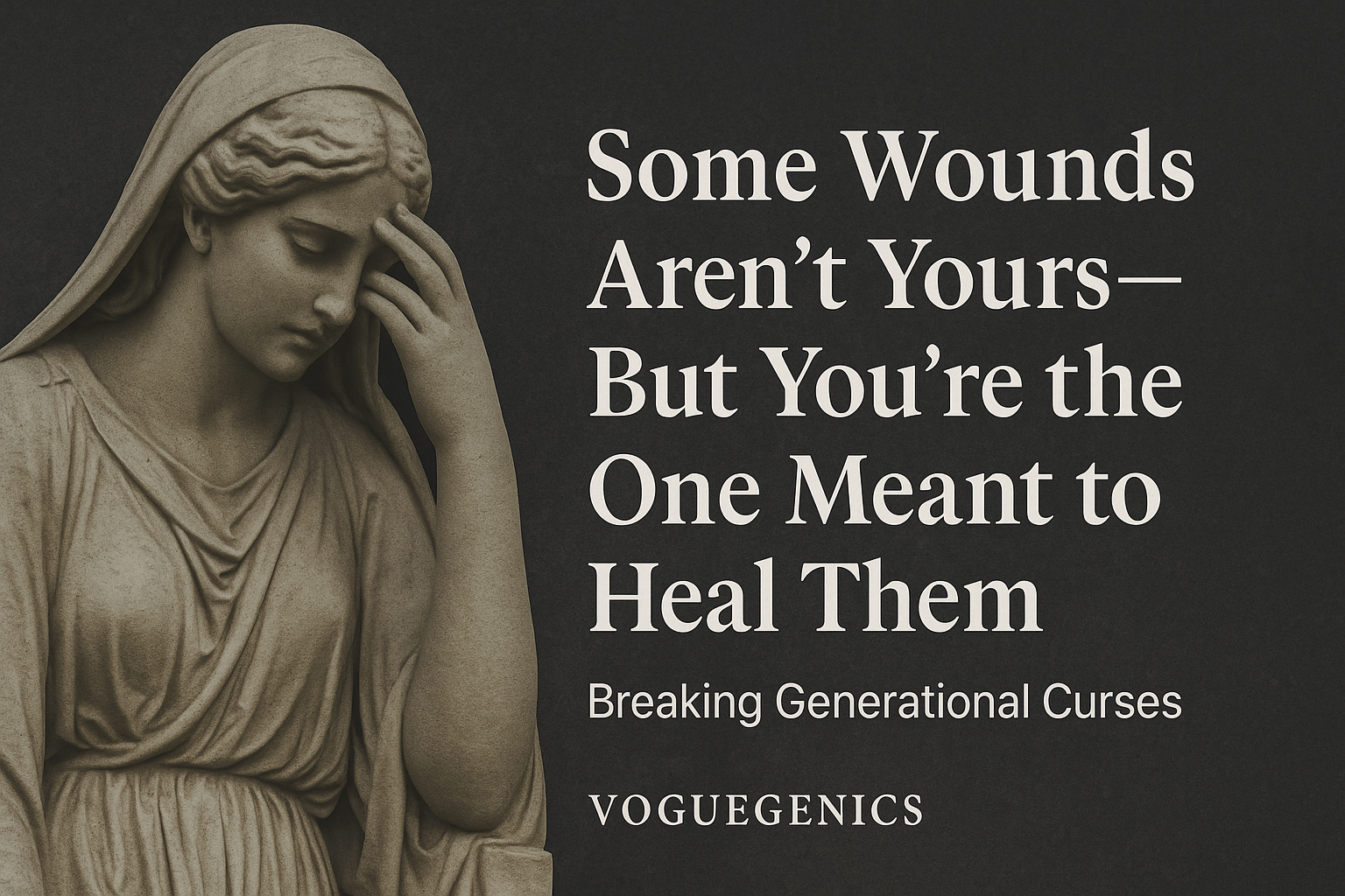 Stone Statue of a Sorrowful Woman with Head Bowed Beside the Title some Wounds Arent Yoursbut Youre the One Meant to Heal Them and Subtitle breaking Generational Curses