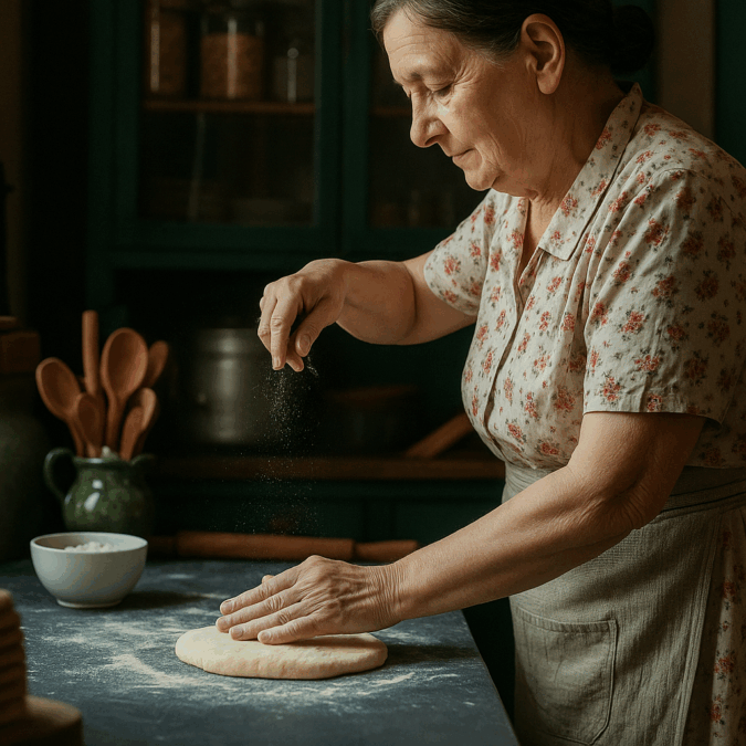 An elderly woman with light skin, wearing a floral blouse and beige apron, gently sprinkles flour over a round loaf of dough in a warm, rustic kitchen. Wooden utensils, a bowl of flour, and natural sunlight complete the cozy, nostalgic scene.