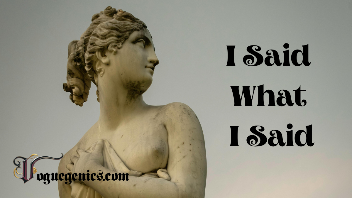 Marble statue looking sideways with bold text “I Said What I Said” and Voguegenics.com logo
