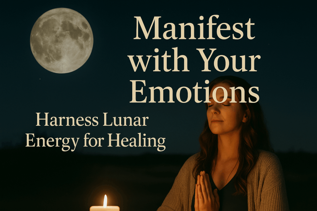 A young woman meditating under a full moon, with a candle softly illuminating her face. The text “Manifest with Your Emotions” and “Harness Lunar Energy for Healing” is overlaid, symbolizing emotional empowerment through lunar energy.