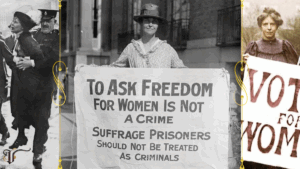 Historic black-and-white photos of women suffragettes holding protest signs demanding voting rights and freedom for women, including a central sign reading “To Ask Freedom for Women Is Not a Crime.”