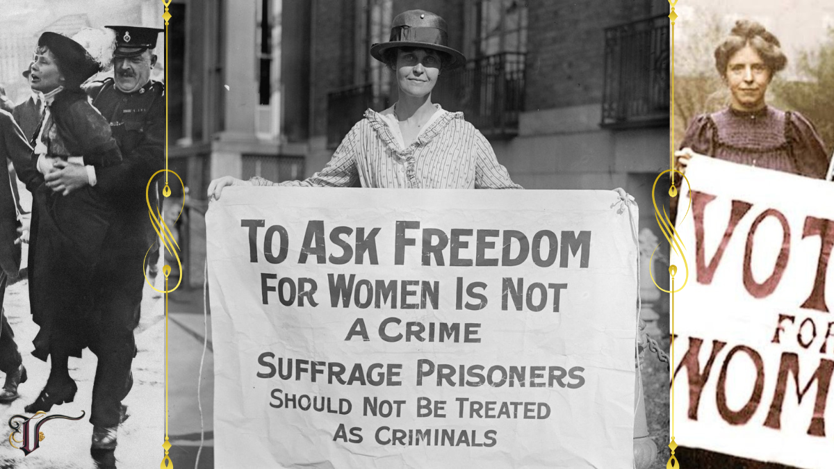 Historic black-and-white photos of women suffragettes holding protest signs demanding voting rights and freedom for women, including a central sign reading “To Ask Freedom for Women Is Not a Crime.”