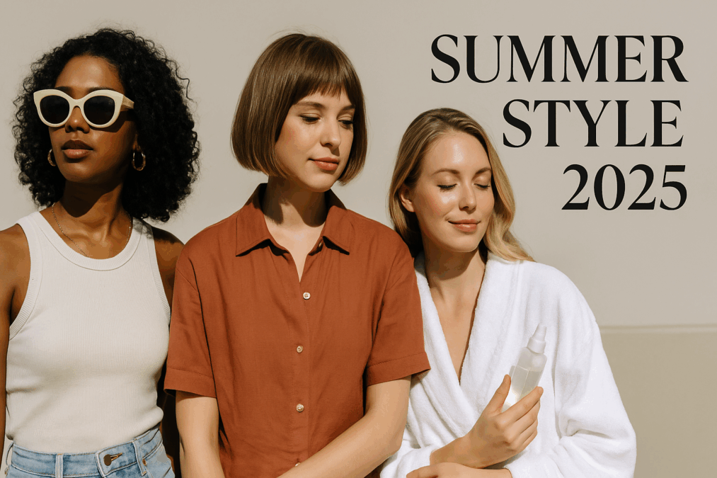 Three stylish women pose confidently in summer 2025 fashion trends, standing against a beige wall with the text "Summer Style 2025" beside them.