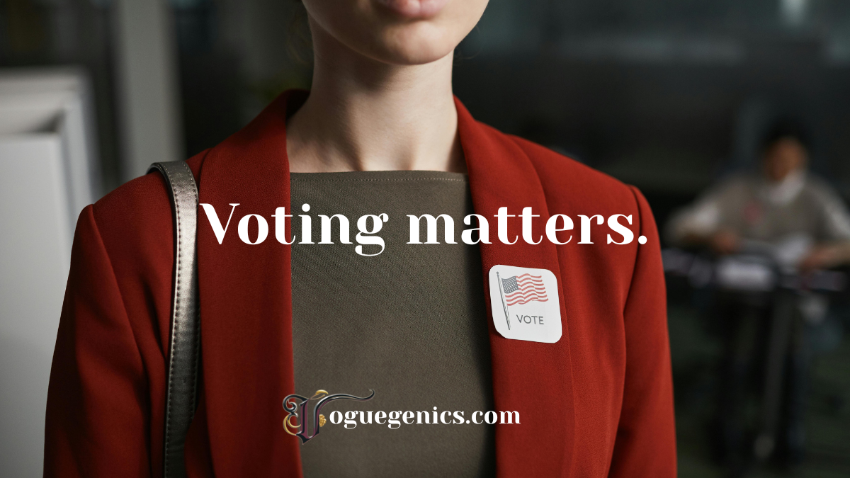 Close-up of a woman wearing a red blazer with an “I Voted” sticker, emphasizing the importance of civic engagement and voter participation. The text overlay reads “Voting matters” with the Voguegenics.com logo beneath.